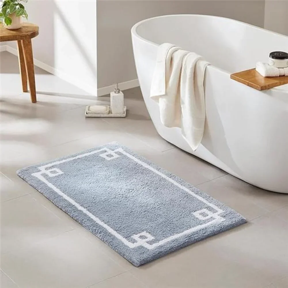 Cotton Bathroom Rug Non Slip Plush Absorbent Bath Mat Quick Dry Spa Design Blue